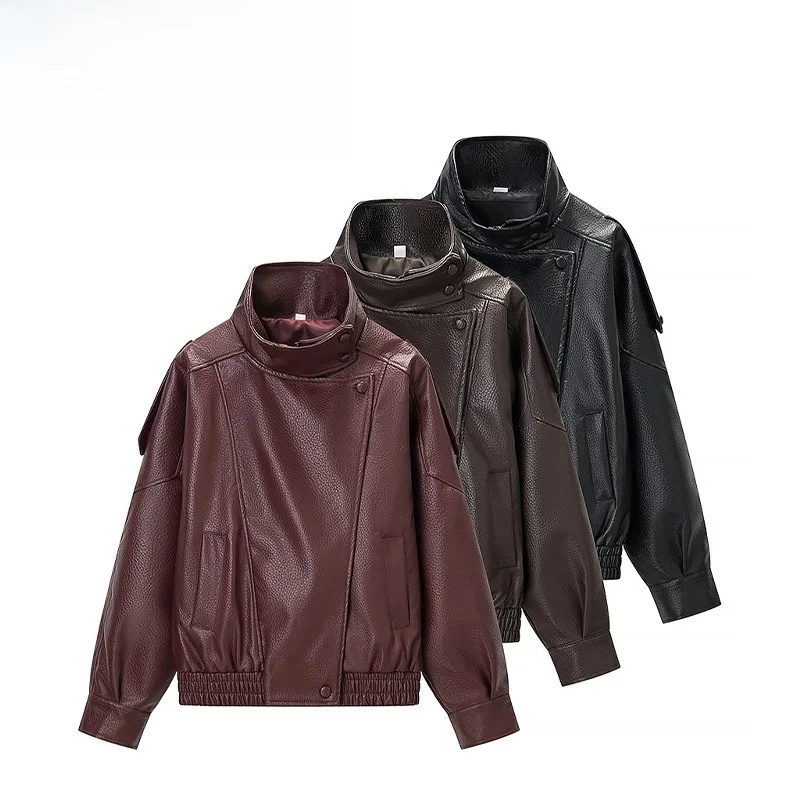 Spring New ZR Women's Fashionable Litchi Skin Leather Jacket Street Style Loose Fit Long Sleeve Zipper Short Coat Versatile
