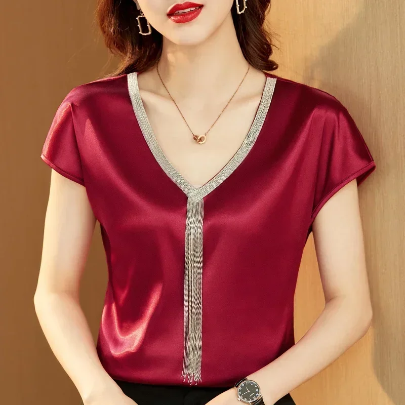 Women's Casual Loose Satin Blouse Short Sleeve Shirt Solid Fashion Tassel V-neck Office Lady Summer Clothes 15494