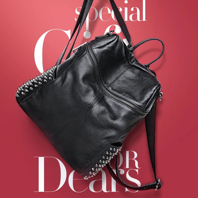 Head Layer Cowhide Rivet Backpack For Women's New Fashionable And Simple Leather Large Capacity Backpack Dual Purpose Travel Bag