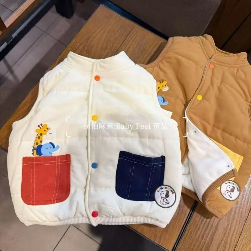 봄 가을 겨울 소년 소녀 귀여운 조끼 따뜻한 면 플리스 안감 두꺼운 귀여운 자수 기린 코끼리 조끼 아동복