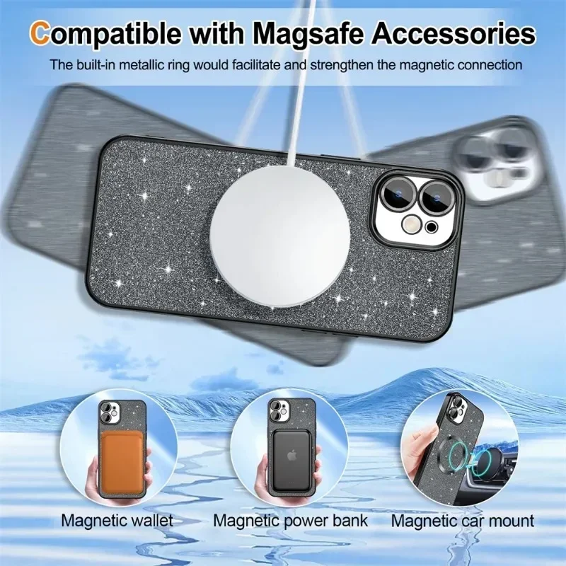 Luxury Electroplate For Magsafe Wireless Charge Phone Case For iPhone 17 Air 16 15 13 12 11 Pro Max 14 Soft Bumper Glitter Cover 4