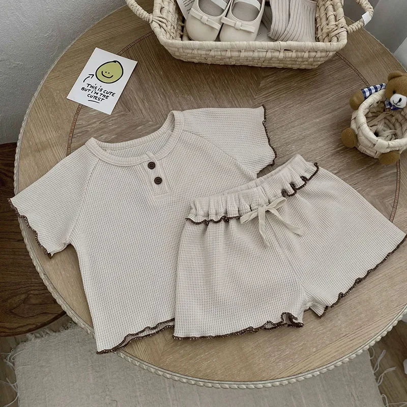 한국 스타일 반팔 와플 코튼 티셔츠 + 반바지, 0-3 세 아동복,  여아 의류, 세트, 2025 여름 신상