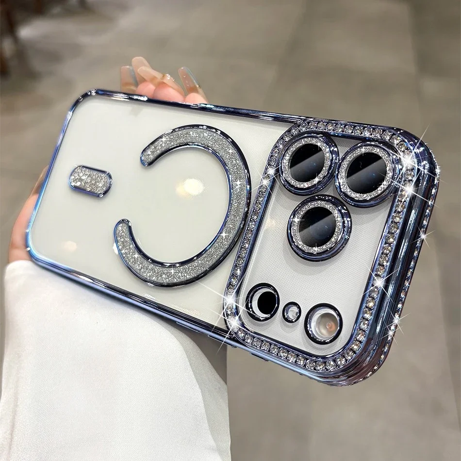 Luxury Bling Diamond Phone Case with Lens Film and Magsafe Cover