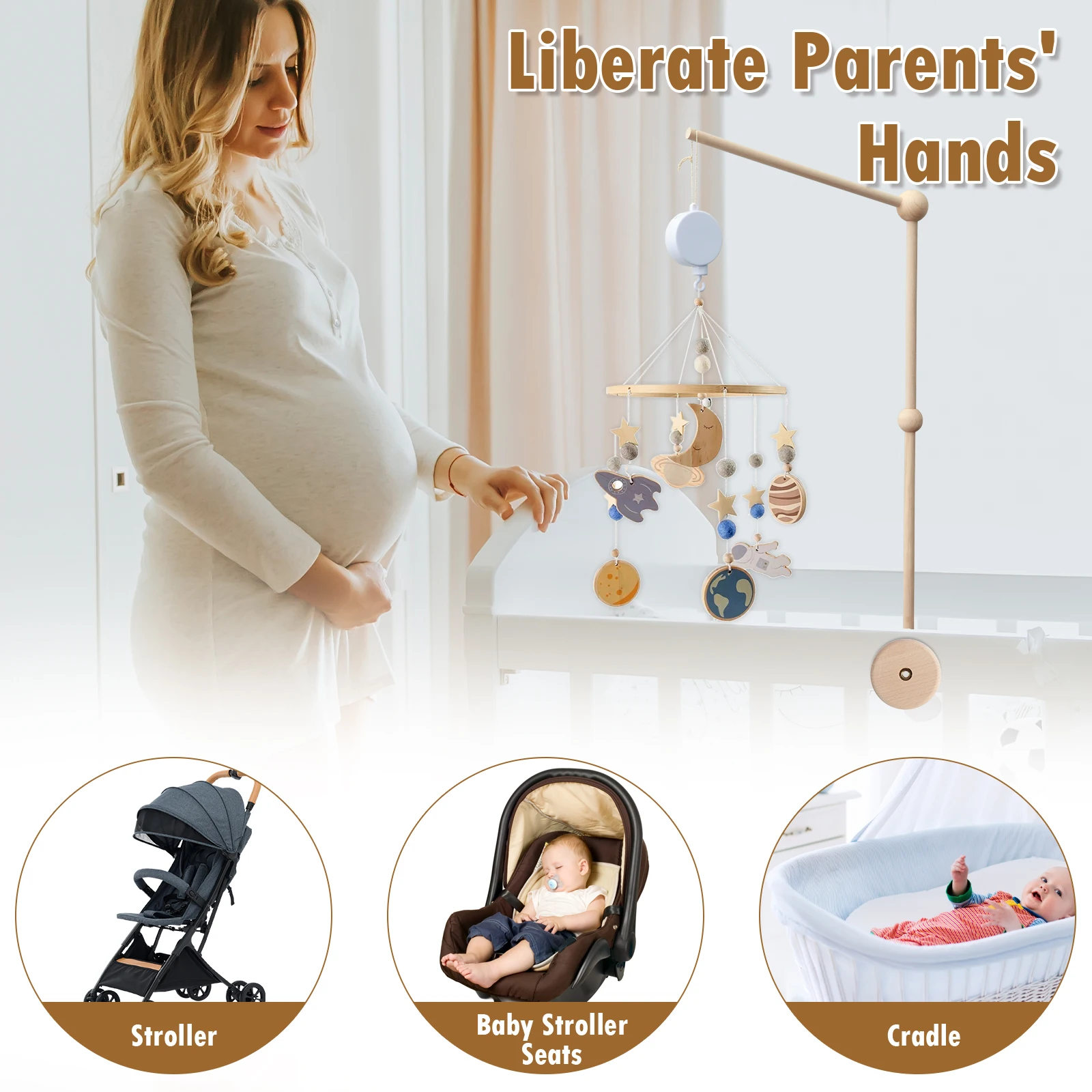 Baby Crib Mobile Arm Wooden Holder 27 inch Beech Hangers with Rotating Music Box Nursery Decor Attachment Safe Anti Slip Set