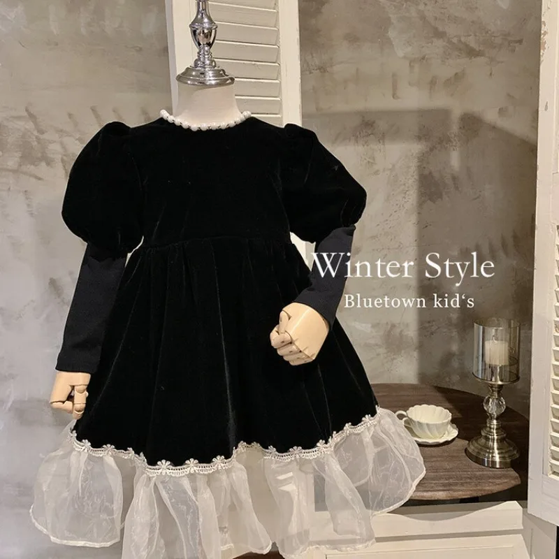 

Children Fleece Dresses 2023 Autumn Winter Girls Mesh Thickened Princess Dress Elegant Patchwork Fashionable Sweet Dress