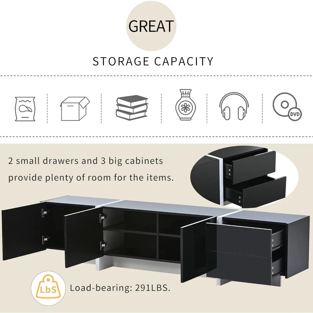 TV Stand for TVs Up to 80" Modern Entertainment Center with High Gloss UV Surface White & Black Wood Television Media Console 3