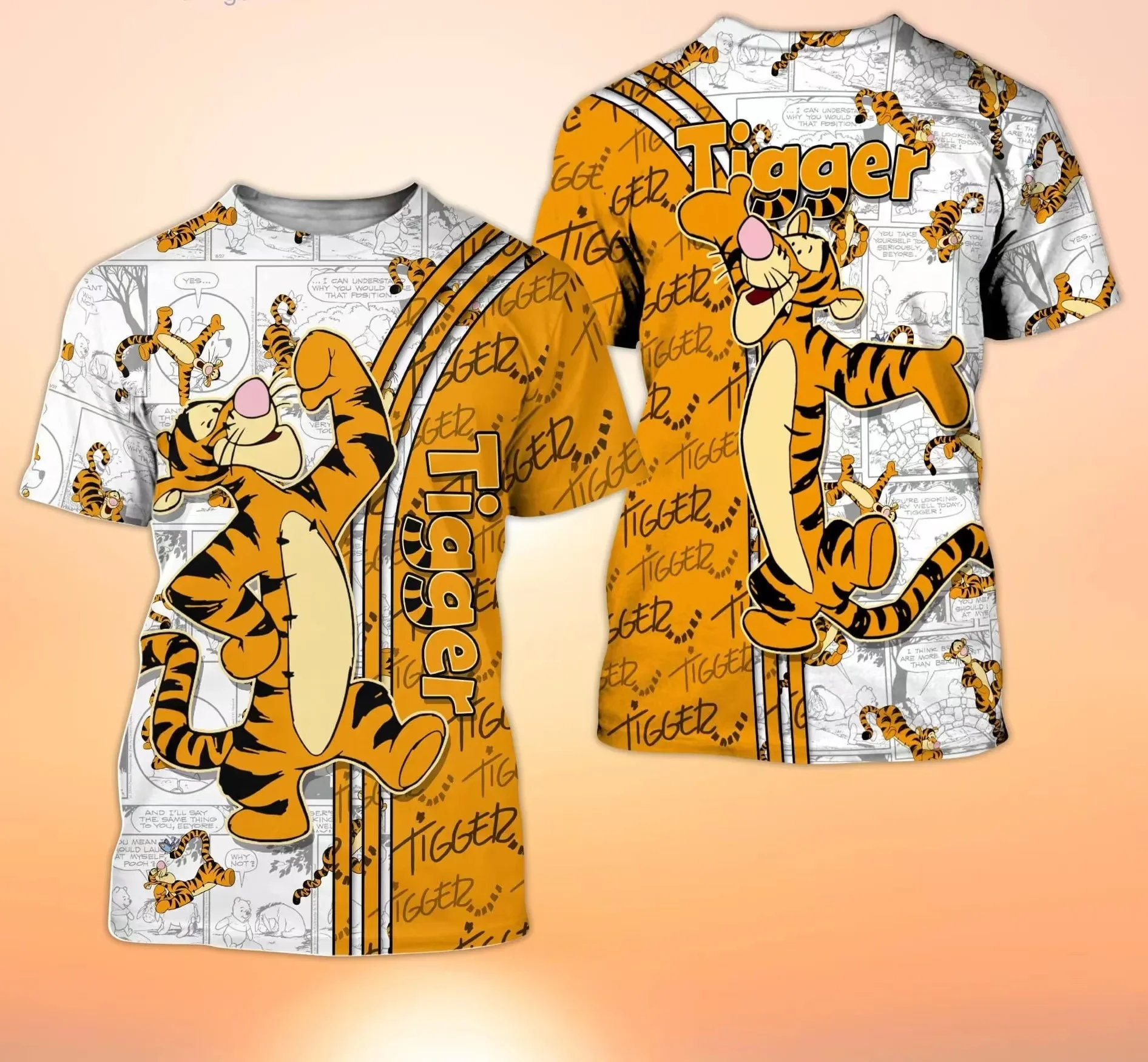 

Tigger Winnie Pooh Orange Cross Comic Book Patterns Disney Cartoon Men and Children 3d T-shirt