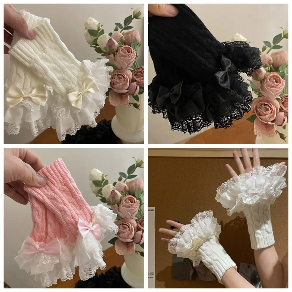 

Lolita Lace Bow Gloves Sweet Y2k Touch Screen Knitted Gloves Detachable Cuffs Korean Style Winter Gloves Autumn