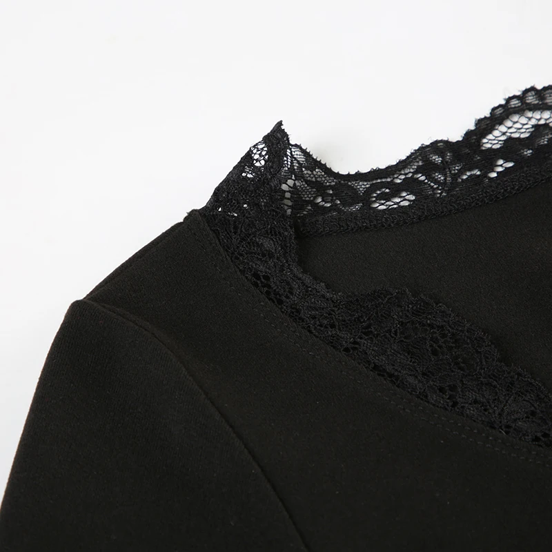 Tops de mujer con cuello en V y lazo de terciopelo con encaje empalmado, manga larga, corte entallado, sexy, moda de otoño, nueva ropa