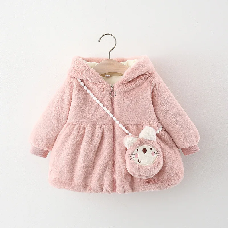 Baby girl's winter new jacket, girls' hooded thick fur jacket cartoon teddy bear cotton jacket 0-3 years old