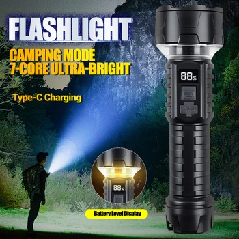 Powerful Led Camping Flashlight With Power Display Portable Rechargeable Light Emergency Waterproof Lantern For Outdoor Camping
