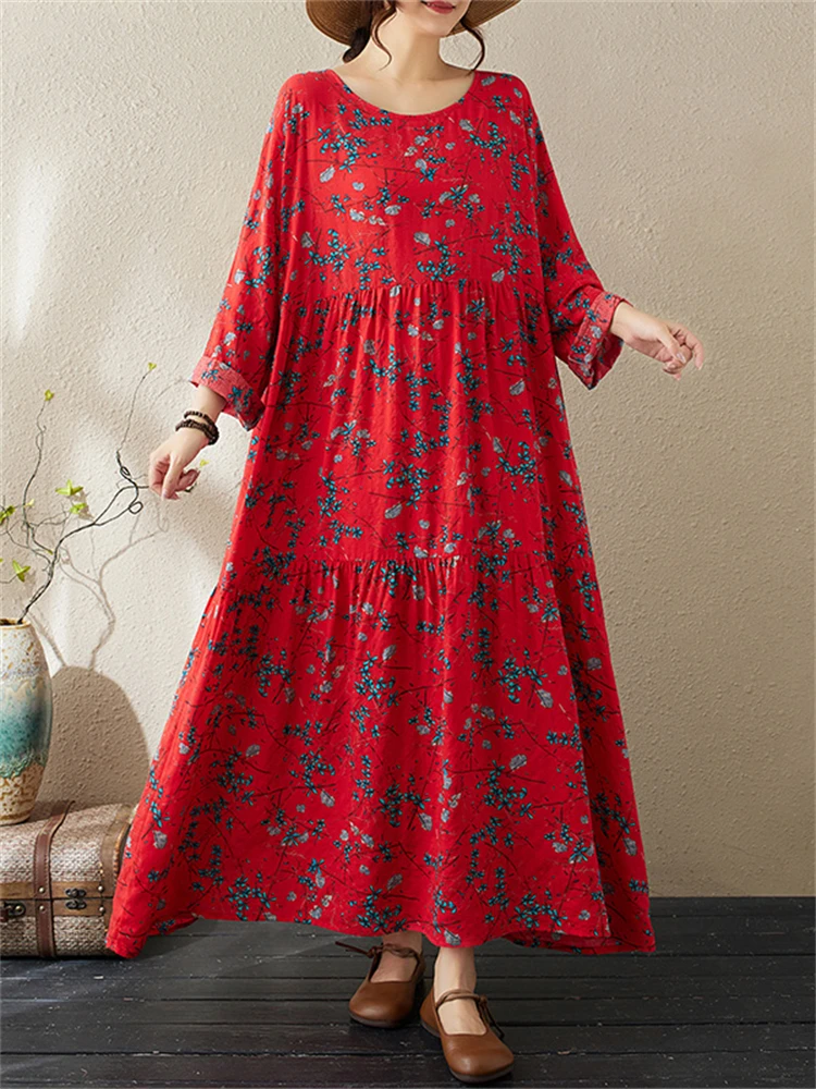 Cotton Vintage Print Dresses Women 2025 Spring Autumn Casual Loose Long Sleeve Yellow Dress Femme Robe Vestidos Fashion Clothing