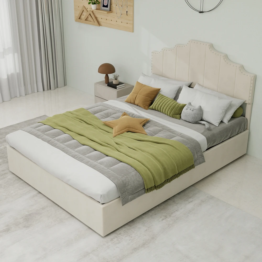 Modernes, minimalistisches, weiches Bett, multifunktionaler Low-Box-Bettrahmen mit weichem und bequemem Kopfteil, keine Gasstange, keine Matratze – Detail 15