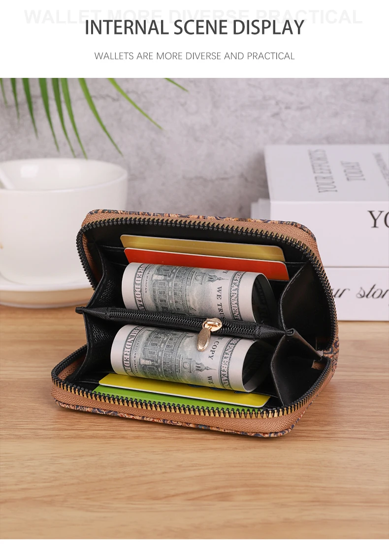 Cross border multifunctional Bohemian style short women's wallet, wood grain multi card slot wallet, large capacity portable car