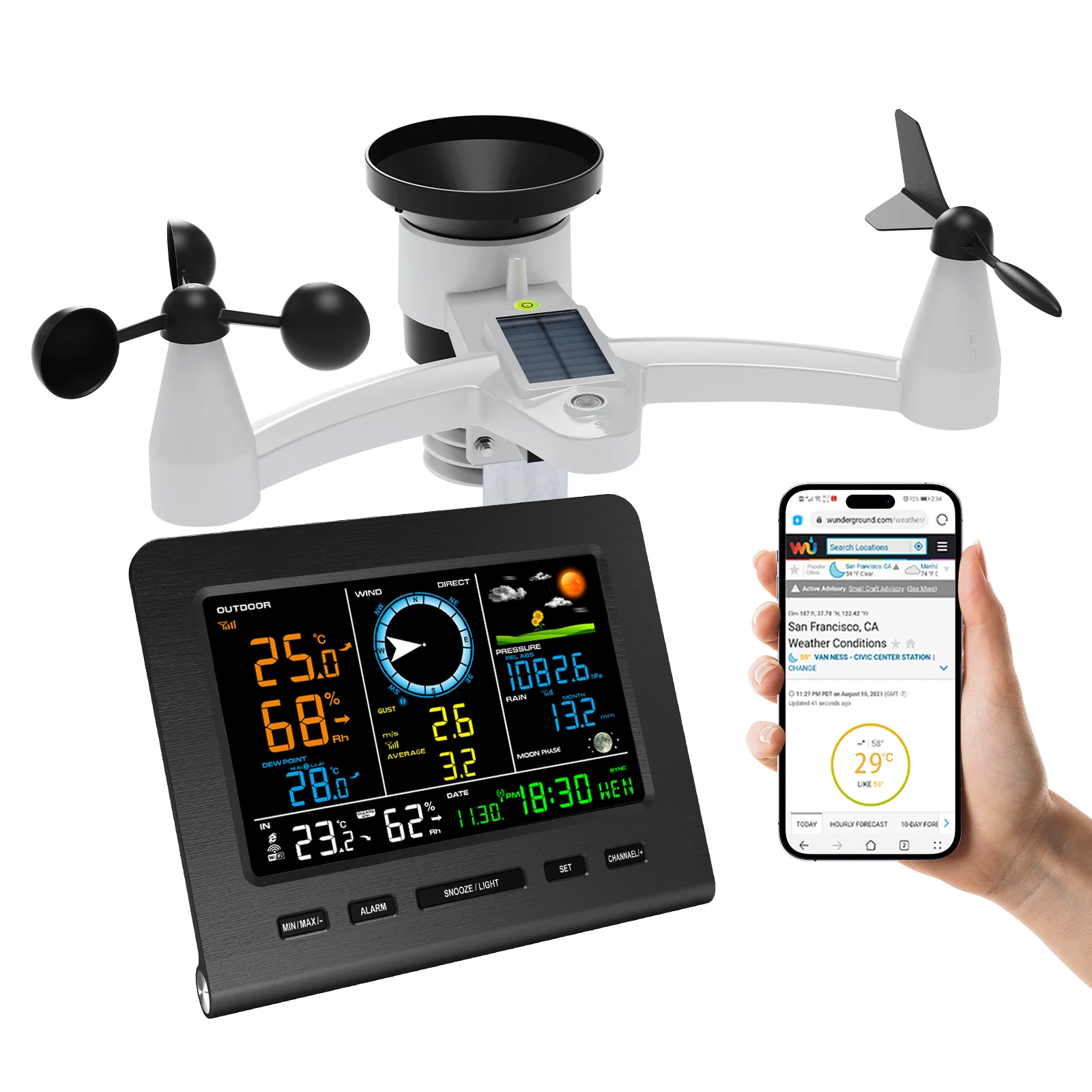 สถานีตรวจอากาศ WiFi ไร้สายในร่มกลางแจ้งพร้อมเกจวัดปริมาณน้ําฝนและความเร็วลม ทิศทางลม พยากรณ์อากาศ อุณหภูมิ ความชื้น 1