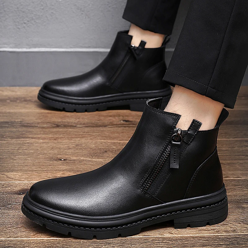 Man Winter Chelsea Boots Fur Warm Male Casual Genuine Leather Shoes Designer Men's Dress Boot Handmade Zipper Business Footwear chelsea boots men leather boots