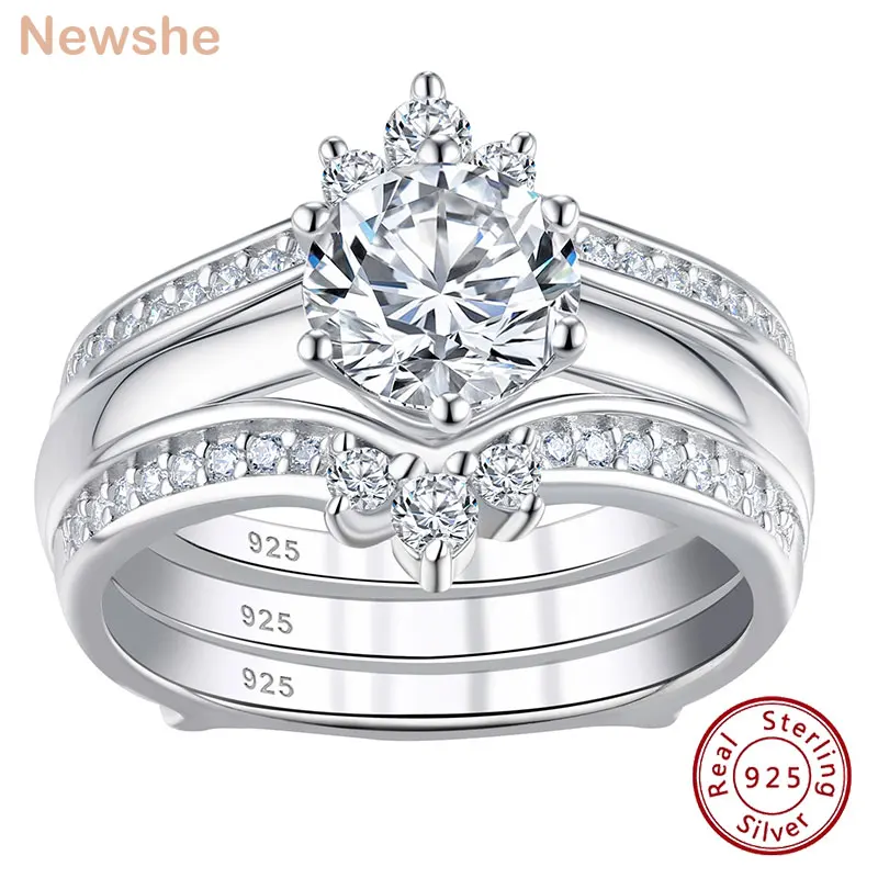 Newshe Solid 925 Sterling Silver Wedding Rings Set For Women Solitaire  Round Cut Engagement Ring Guard Band AAAAA Zircon BR1157