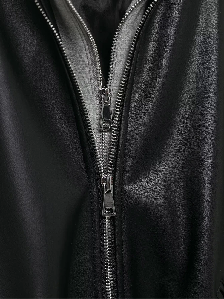 Women's Jacket Autumn Winter 2025 New Fashion Leather Splicing Hooded Jackets Women Coat Casual Long Sleeve Zipper New Outerwear