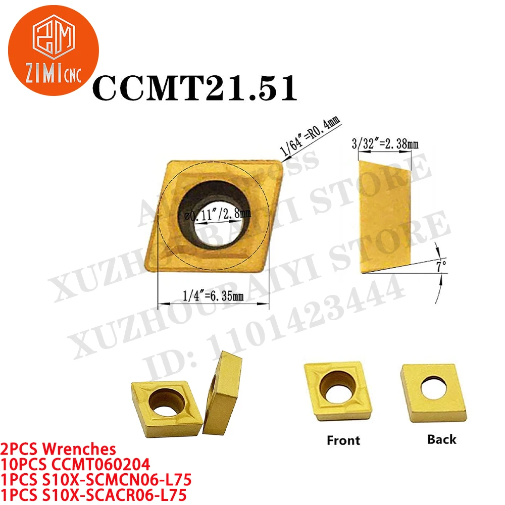 2PC S10X-SCMCN06-L75 + S10X-SCACR06-L75 Lather Turning Tool Holder Boring bar +10PCS CCMT060204 CNC Tool Carbide Turning Inserts