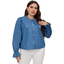 

Plus Size Denim Shirts Women 2022 Ruffles Peter Pan Collar Lantern Sleeve Fashion Blouse Spring Long Sleeves Button Lady Shirt