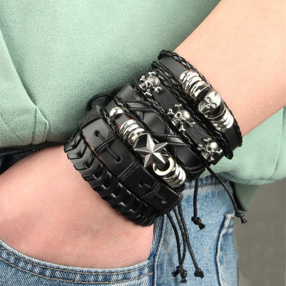 Men Fashion Multi-layer Viking Woven Skull Hand Adjustable Leather Bracelet Set Gifts