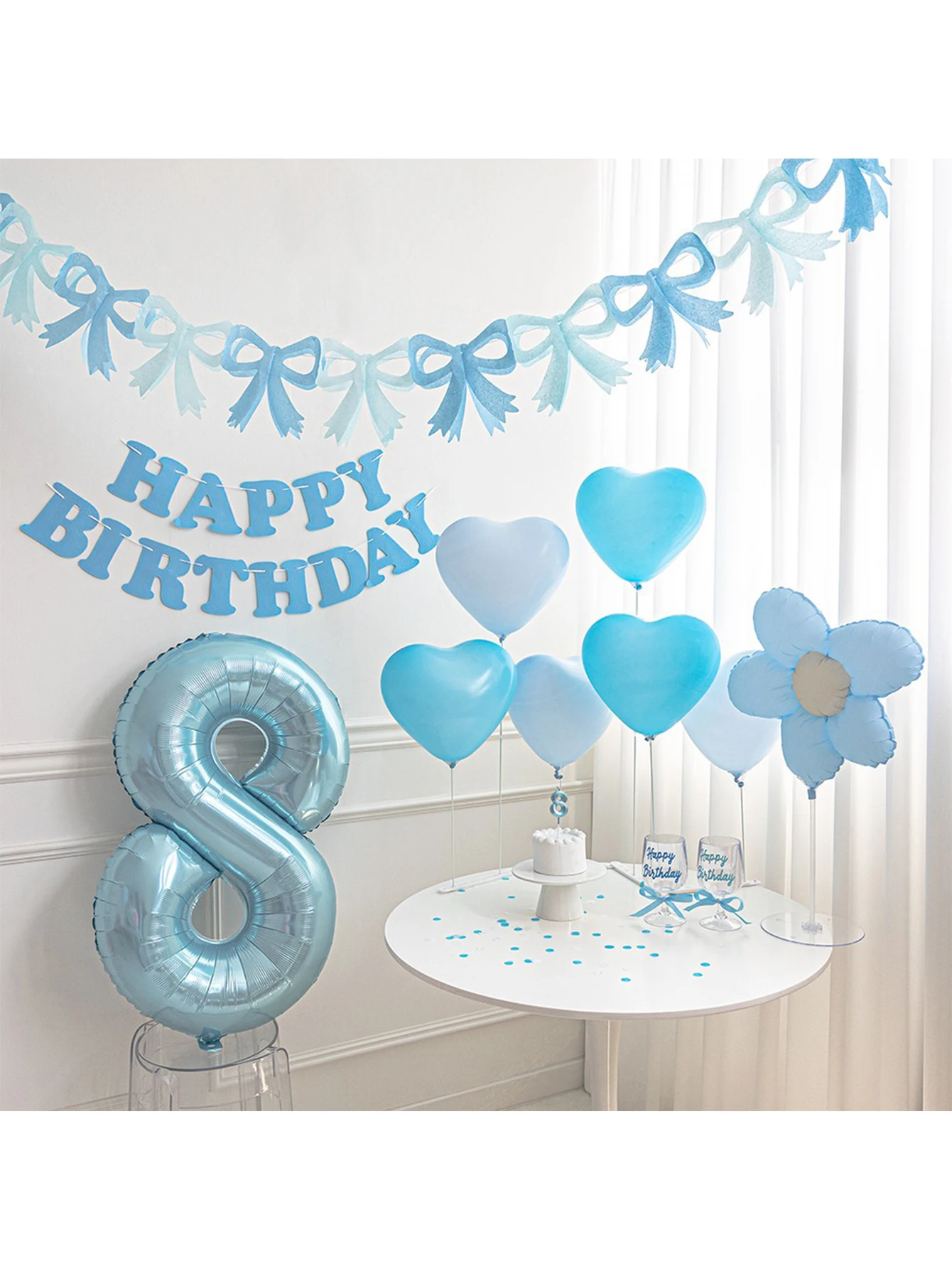 Blue and pink paper bow flag party birthday festival wall decoration two-color splicing flag small fresh style decoration