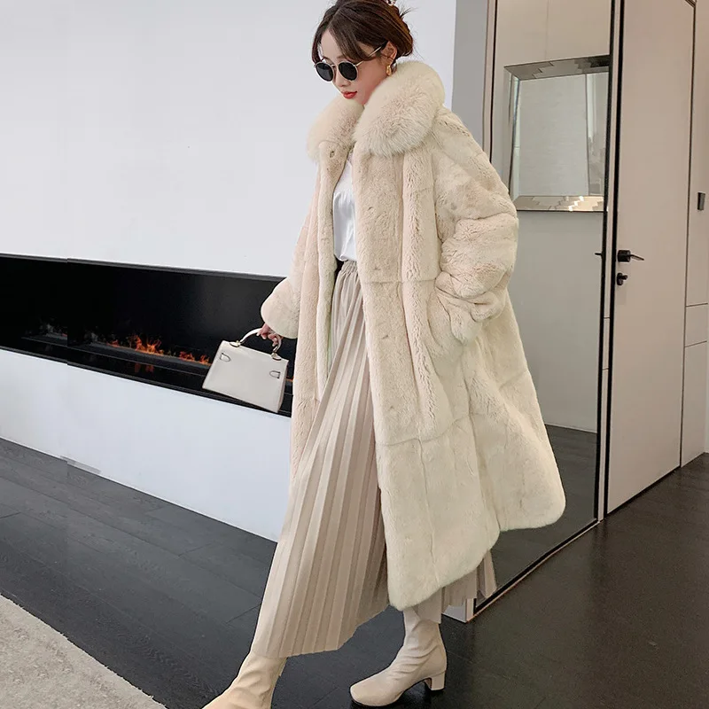 

Winter Fashion New Mid Length Large Fur Collar Loose and Thickened Warm Imitation Rex Rabbit Fur Grass Coat Women's Trend