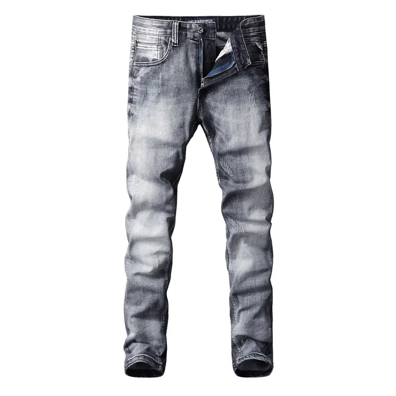 Fashion Designer Men Jeans High Quality Retro Gray Stretch Slim Fit Ripped Jeans Men Vintage Trousers Casual Denim Pants Hombre