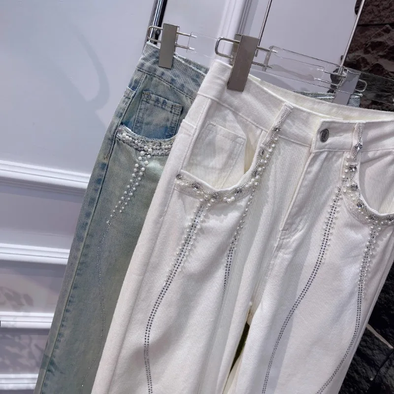 Beige Heavy Handmade Beaded Loose Jeans Women\'s 2024 Spring New Design Sense Fashion Casual Straight Denim Pants Baggy Trousers