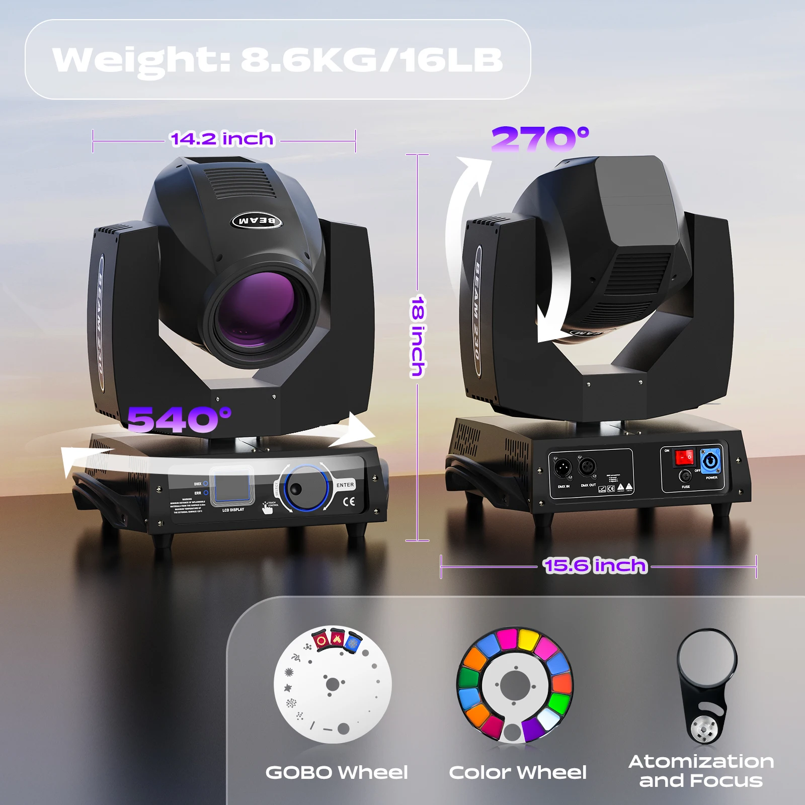 Yiflamefly 230W 7R Beam Moving Head Lights 17 Gobos 14 Colors