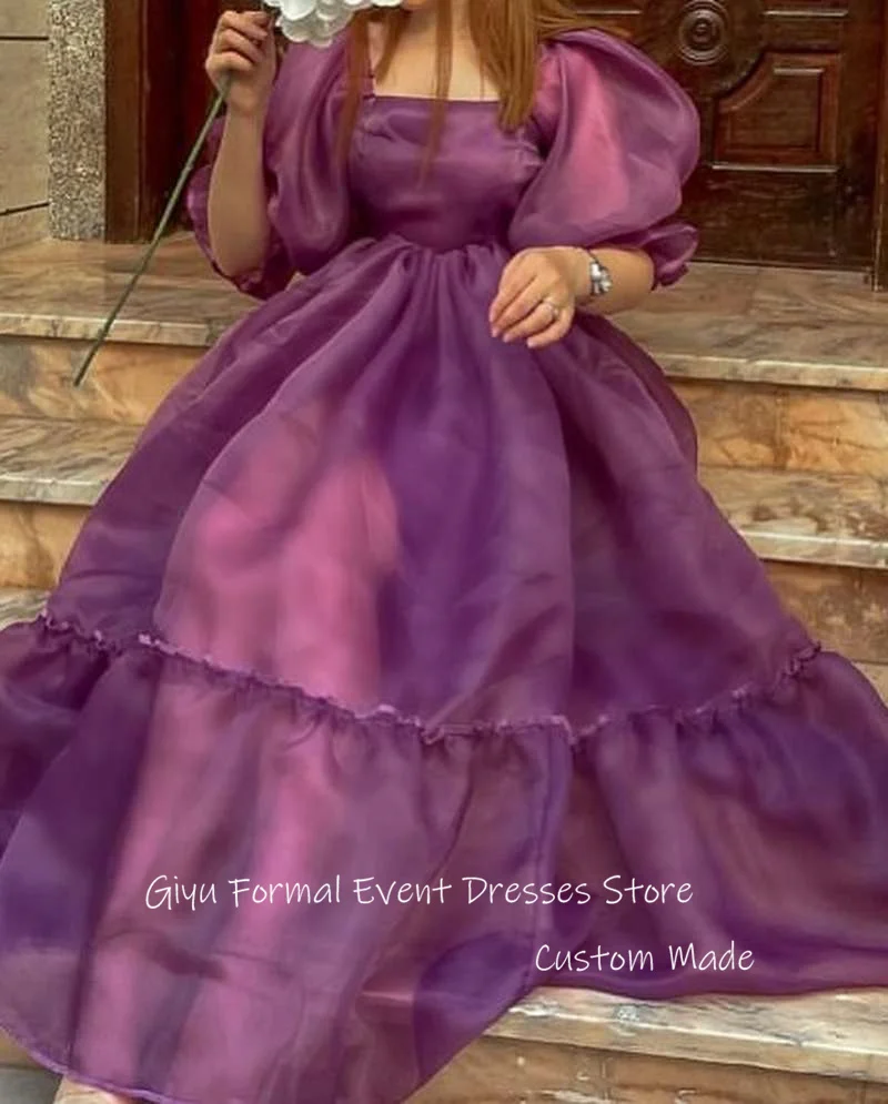 

Giyu Simple Grape Purple Silk Organza Evening Dresses Dubai Arabic Women Puff Short Sleeves Birthday Party Dress Prom Gowns