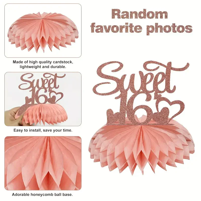 8Pcs Happy 16th Birthday Decorations Sweet 16th Birthday Photobooth Props Honeycomb Centerpiece Pink Rose Golden Party Supplies