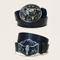 Western Cowboy PU Leather Belt for Men & Women Black Floral Engraved Belt Bull Buckle Punk Jeans Belt Male Halloween Accessories