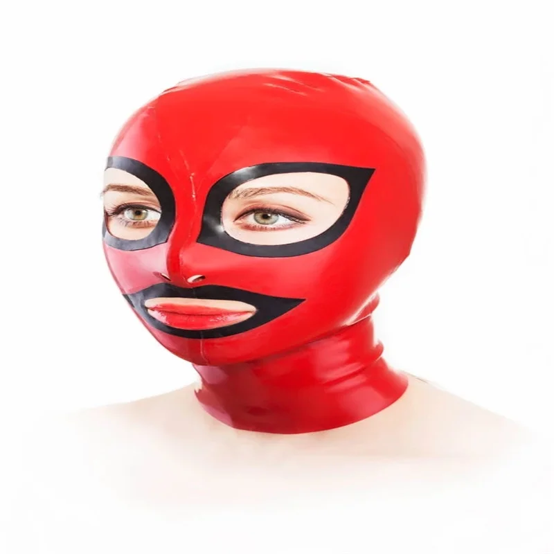 

Latex Hood Red with Black Cosplay Party Rubber Halloween Costumes Mask for Men Women with Back Zip Hole