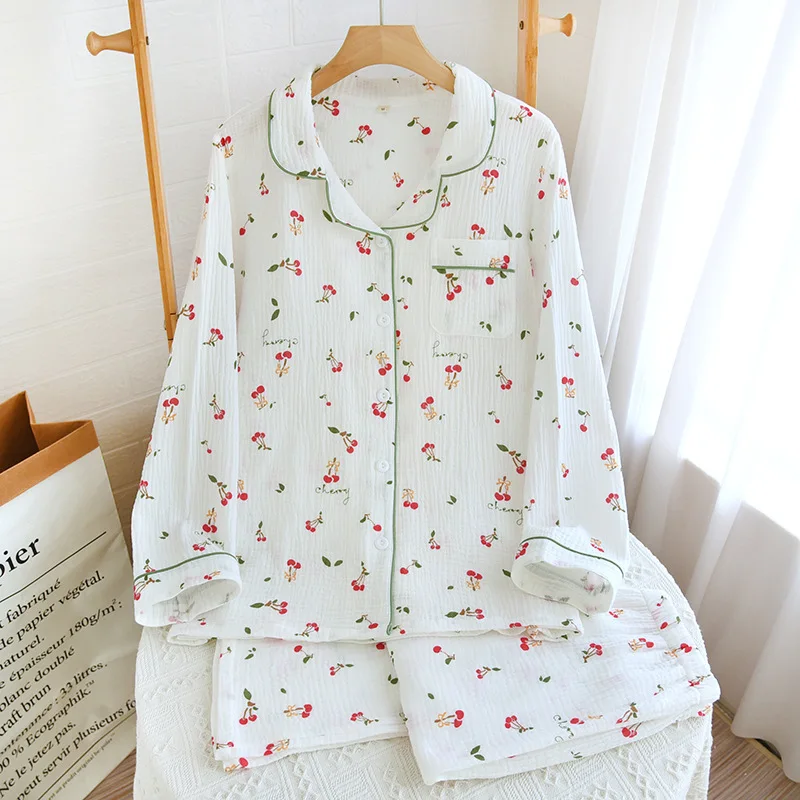 2024 Japanese New Spring and Autumn Women's Pajamas Long Sleeve Long Pants Two Piece Set of 100% Cotton Crepe Cute Home Fury