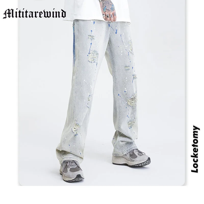 

Retro Splash Ink Print Ripped Hip Hop High Street Men Pants Loose Full Length Distressed Stacked Jeans Casual Denim Trousers