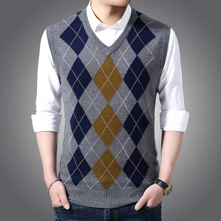 Men Wool Vest Waistcoat 2024 Spring Autumn V-Neck Sleevelesss Multicolor Plaid Sweater Vest