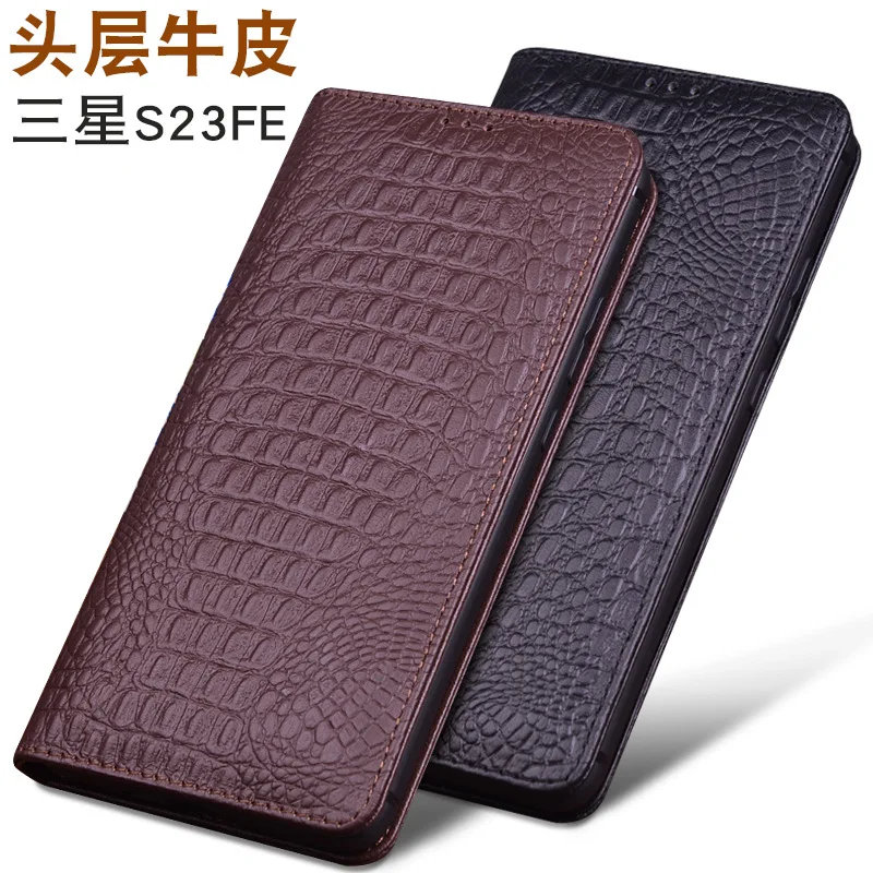 

Luxury Genuine Lluxury Genuine Leather Magnet Clasp Phone Cases For Samsung Galaxy S23 Fe Kickstand Holster Cover Case