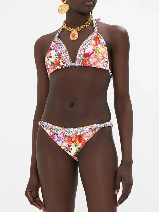 Color Contrast Women's Bikini Fashion Trend Flower Print Swimsuit Set Designer New Beach Vacation Camping Swimwear And Cover-Up