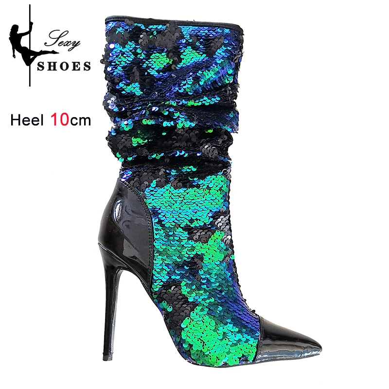 Fashion Women Sequined Ankle Boots 10CM Thin Heel Party Woman Shoes Big Size Pointed Toe Short Boot Zip High Heels Female Botas