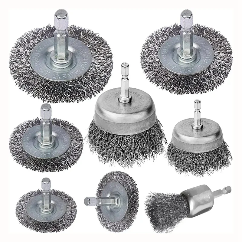 

8 Pieces Wire Brush Wheel Cup Brush Set 1/4Inch Hex Coarse Crimped Carbon Steel Wire Wheel For Rust Removal