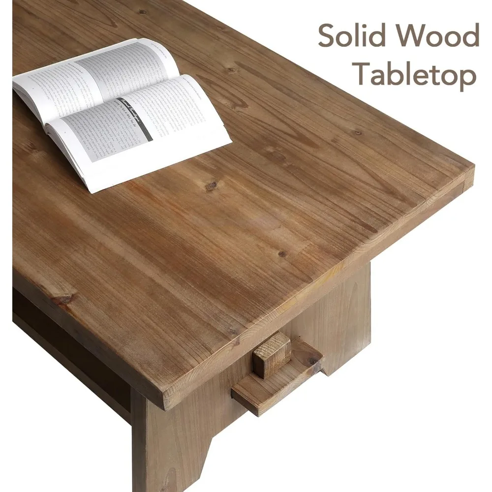 Farmhouse Wood Coffee Table - 43.4” Mid Century Modern Wooden Coffee Tables for Living Room, Solid Firwood Tabletop Rectangle 4