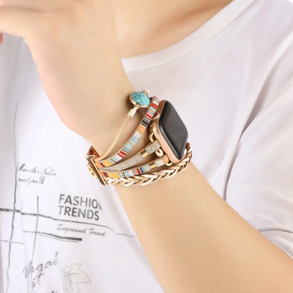 Leather Strap for Apple Watch band 45mm 41mm 44mm 40mm 42mm 38mm 49mm Jewelry Metal Wristband iWatch Series Ultra 9 8 7 6 5 3 SE