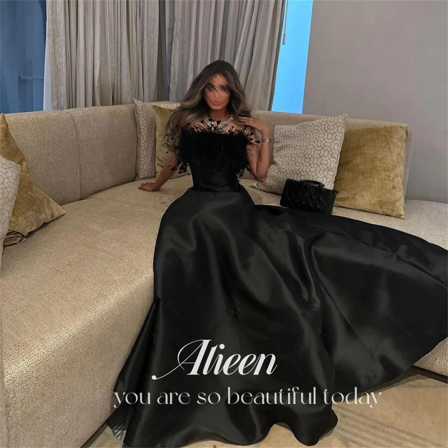 

Aileen Black Satin Feather A-line Elegant Party Dress for Women 2024 Luxury Gala Dresses Woman Womens Long Wedding Evening Gown