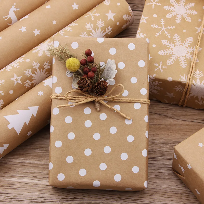 Recyclable Kraft Wrapping Paper 44*100CM Minimalist Christmas,White Trees  on Brown Kraft for Holidays, Weddings, Winter Solstice