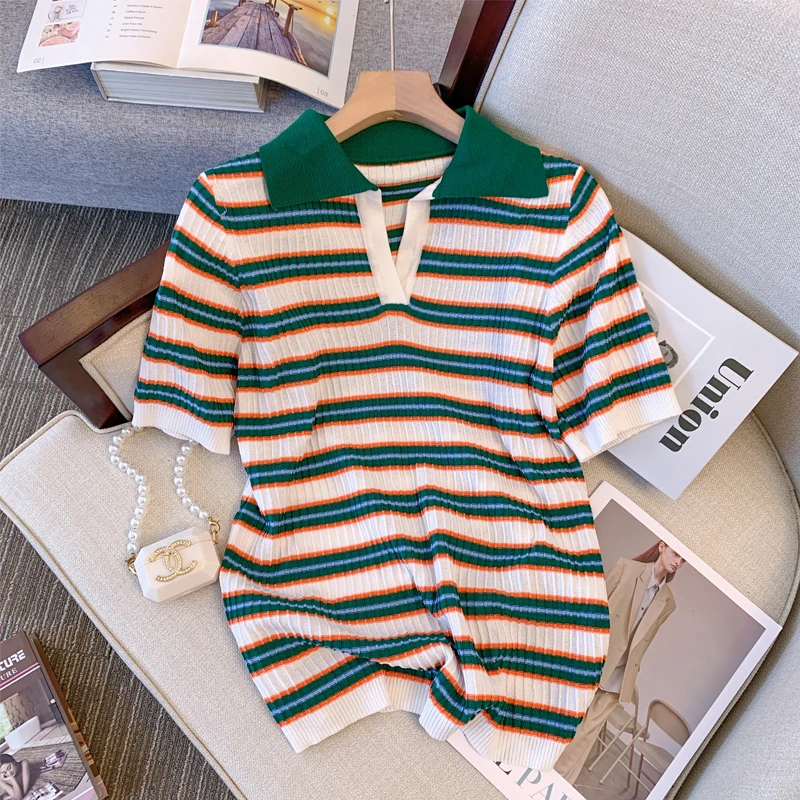 

Women Sweater lapel Jumper Stripe color Short sleeves Loose Female Casual Knitted pullover Women clothing 2022 Summer New