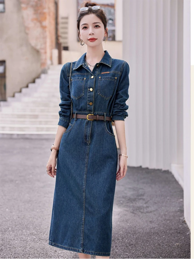 

Модное осеннее женское джинсовое платье, элегантное французское джинсовое платье средней длины с отложным воротником и длинными рукавами, Офисная Женская одежда
