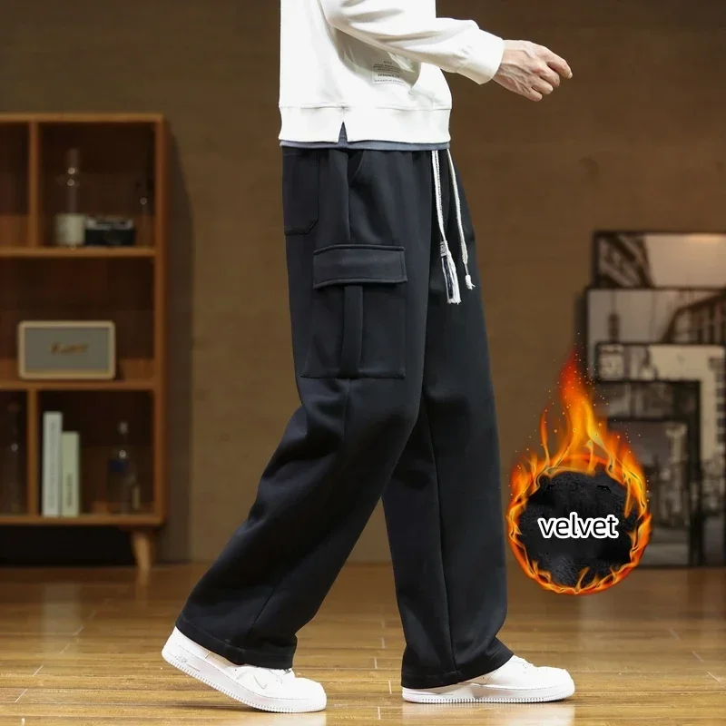 Sport Jogging Trousers Fashionable Wide Leg Pants Fleece Sweatpants Wide Leg Pants Fashion Pants Winter Velvet Sweatpants Cotton Men Baggy Joggers Cargo Pants Neutral Breathable Loose Outdoor Solid Color Wide Legged Trousers
