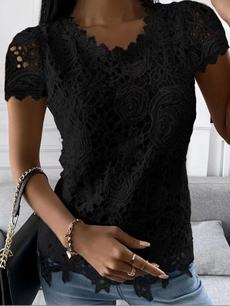 Women Summer Lace Crochet Short Sleeve Loose Tshirt