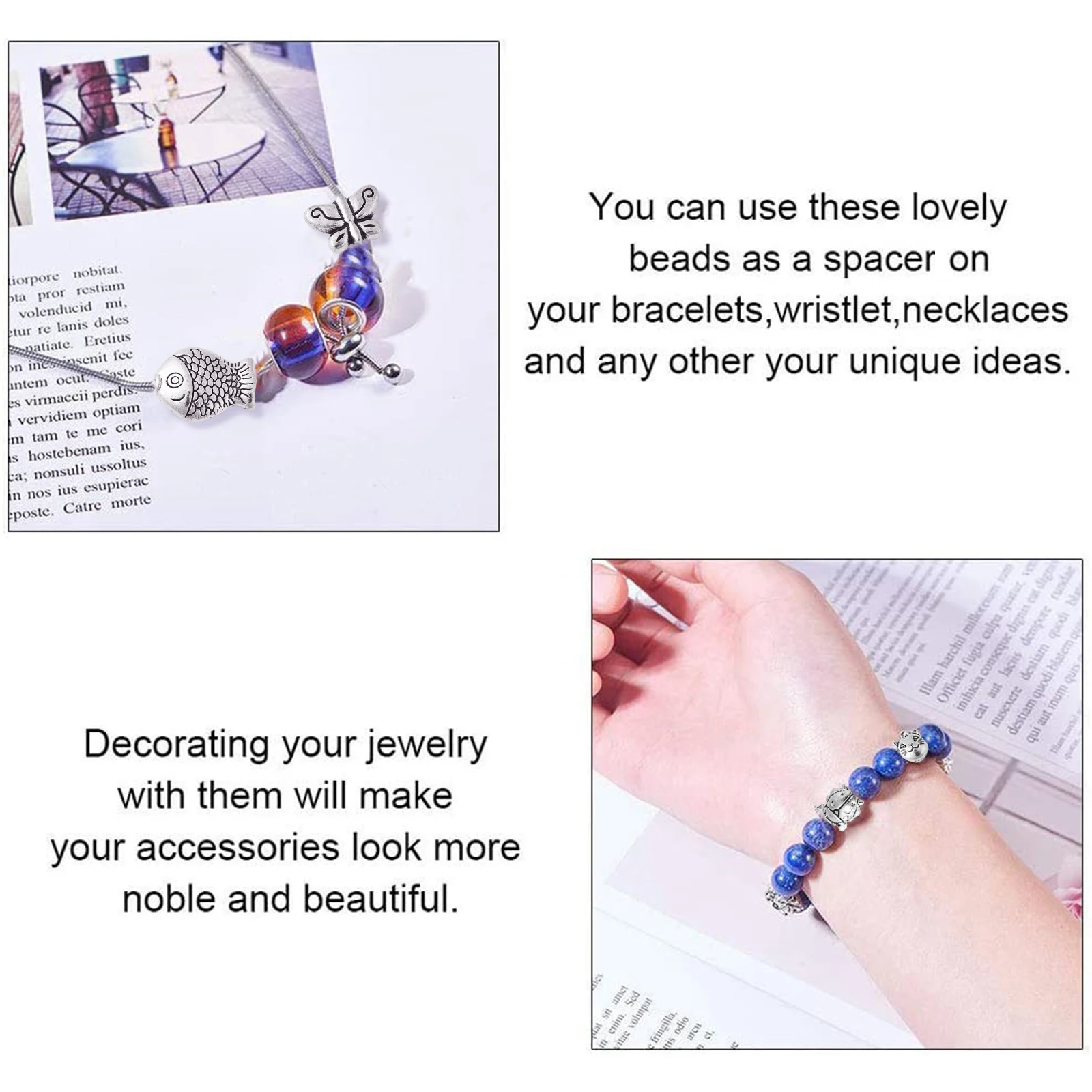 150Pcs Mixed Styles Antique Silver Animal Spacer Beads Tibetan Style Bear Owl Cat Fish Beads for Bracelet Jewelry Craft Making